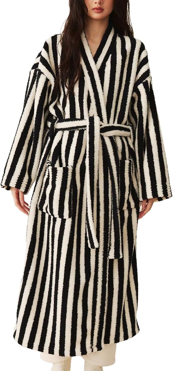 Women’s Striped Fluffy Plush Robe | Warm Fuzzy Bathrobe