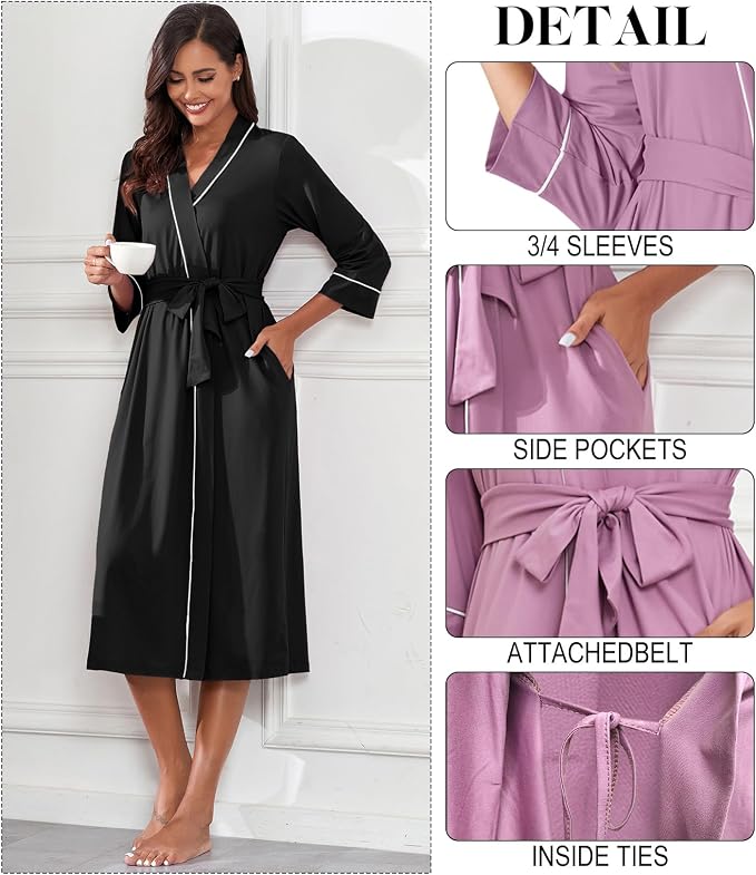 Women’s 3/4 Sleeve Long Bath Robe | Soft & Comfortable