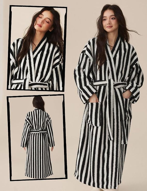 Women’s Striped Fluffy Plush Robe | Warm Fuzzy Bathrobe