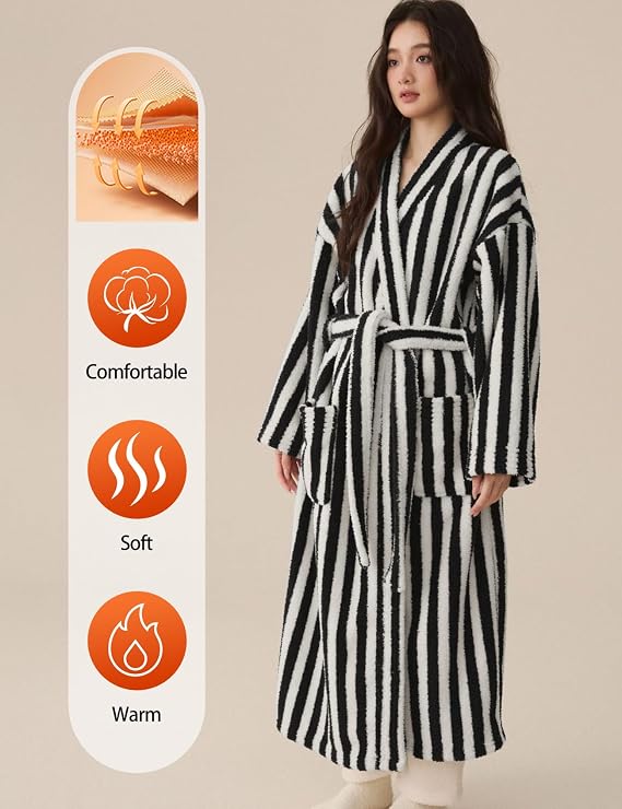 Women’s Striped Fluffy Plush Robe | Warm Fuzzy Bathrobe
