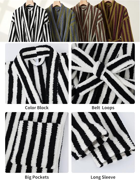 Women’s Striped Fluffy Plush Robe | Warm Fuzzy Bathrobe